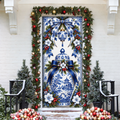 Christmas Blue Chinoiserie Holiday LN Door Cover, Elegant Porcelain Style Fabric Decor
