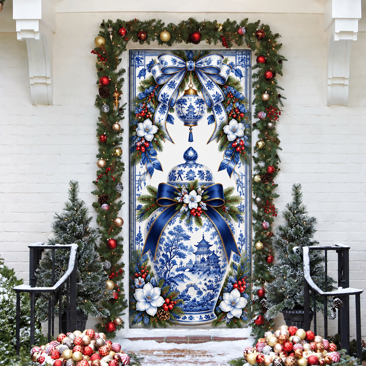 Christmas Blue Chinoiserie Holiday LN Door Cover, Elegant Porcelain Style Fabric Decor
