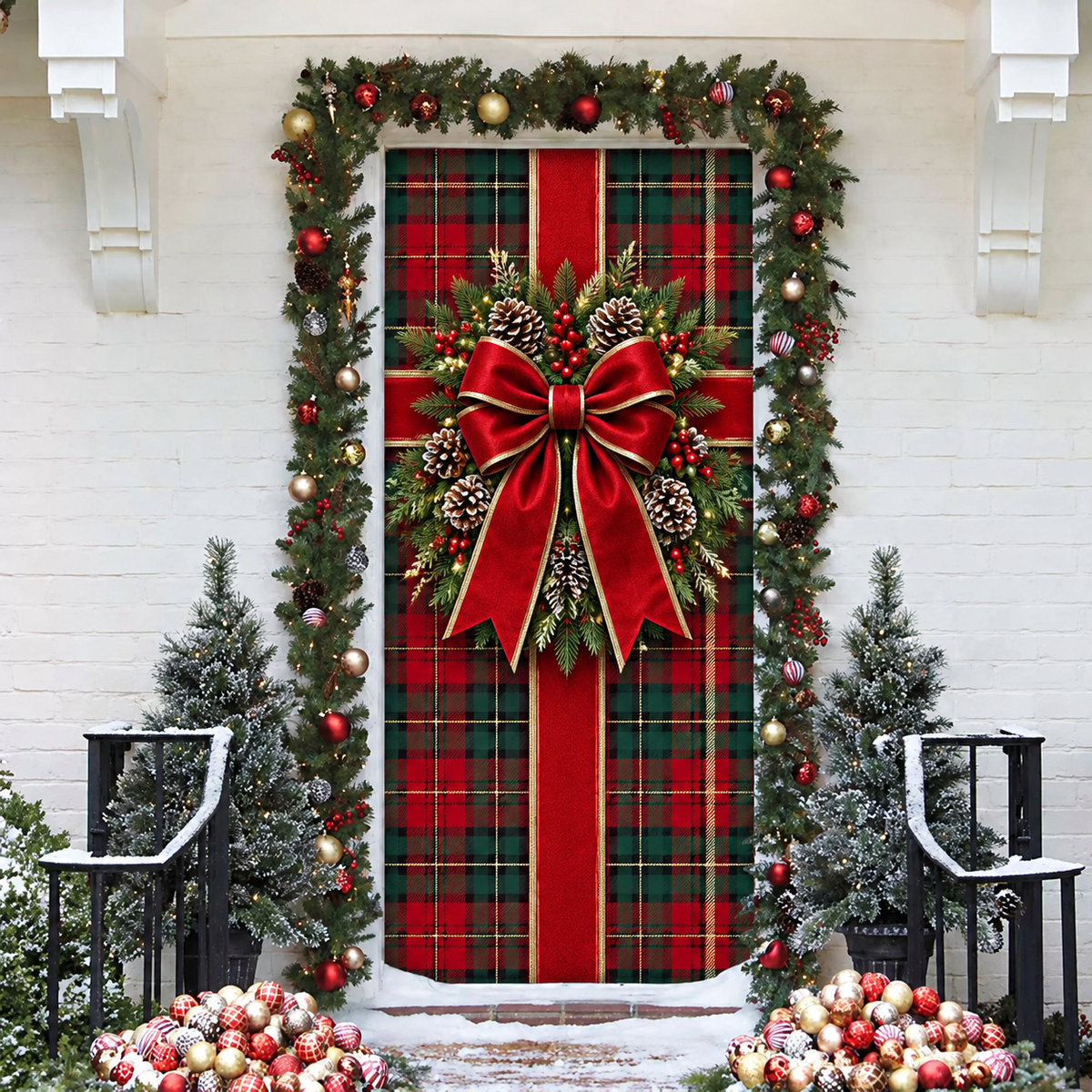 Christmas Tartan Plaid Holiday LN Door Cover, Traditional Scottish Fabric Entryway Decor