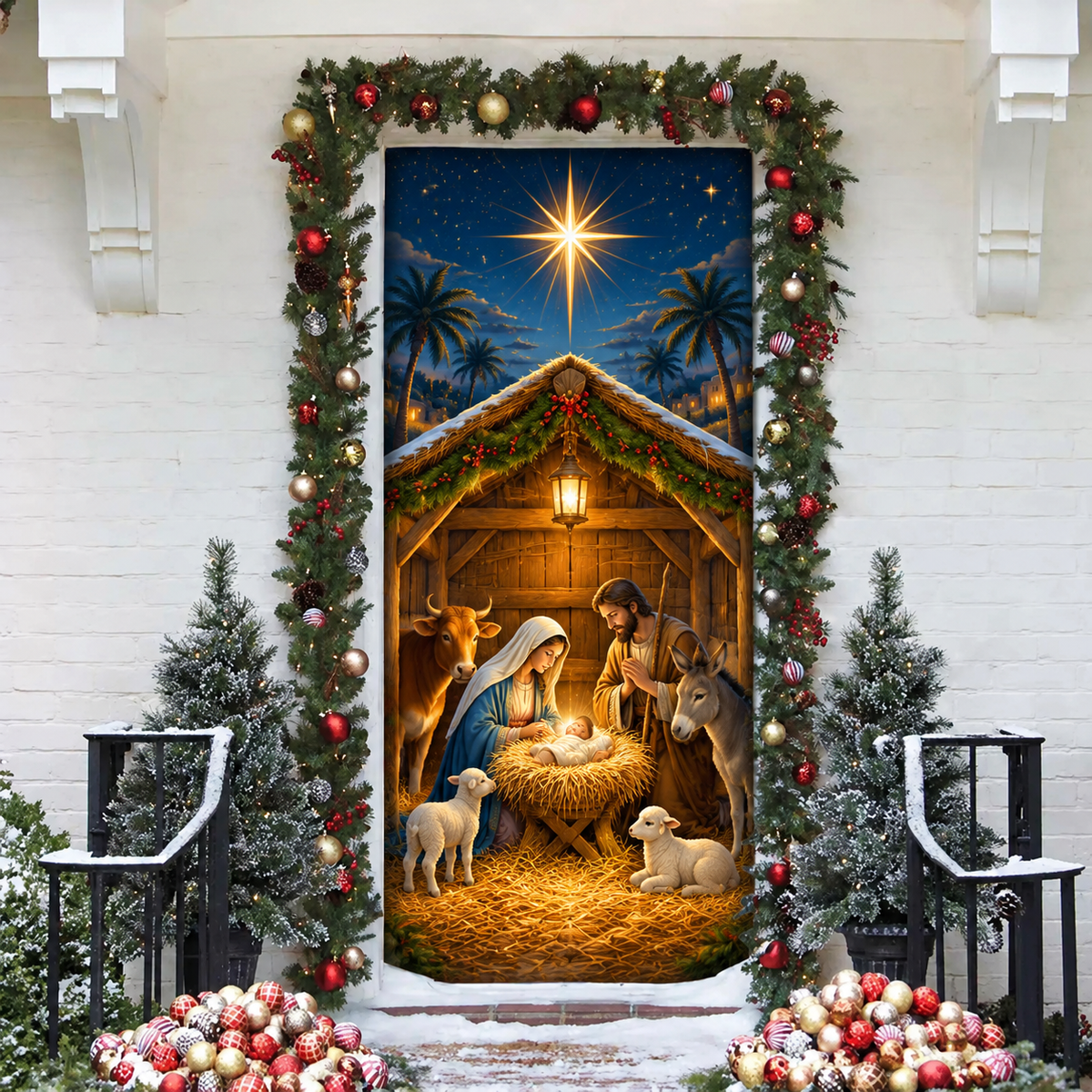 Christmas Nativity Stable Holiday LN Door Cover, Religious Fabric Entryway Decoration