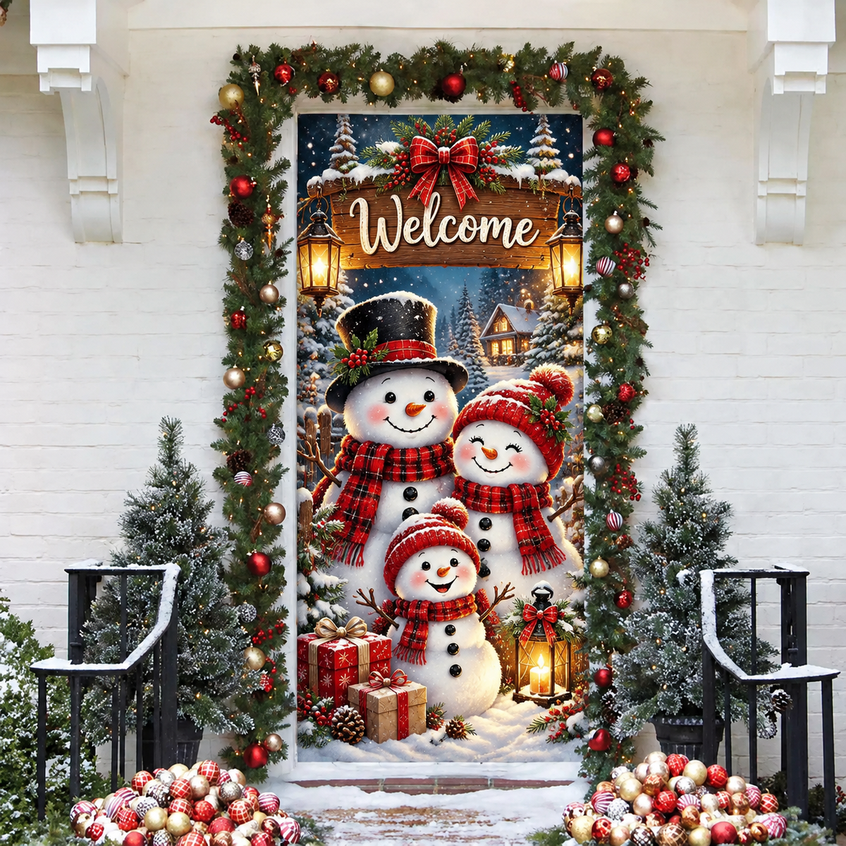 Christmas Snowman Family Holiday LN Door Cover, Cute Winter Fabric Entryway Decor