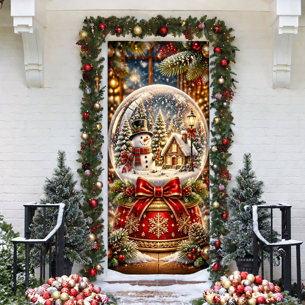 Christmas Snow Globe LN Door Cover, Festive Fabric Holiday Entryway Decoration for Winter Home Decor