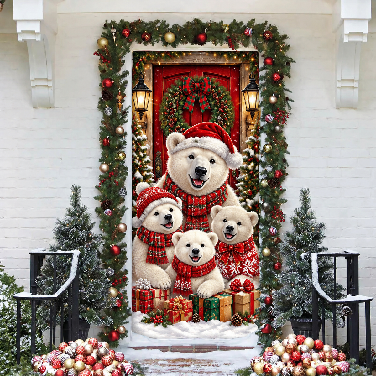 Christmas Polar Bear Family LN Door Cover, Cute Arctic Snow Scene Fabric Holiday Entrance Decoration