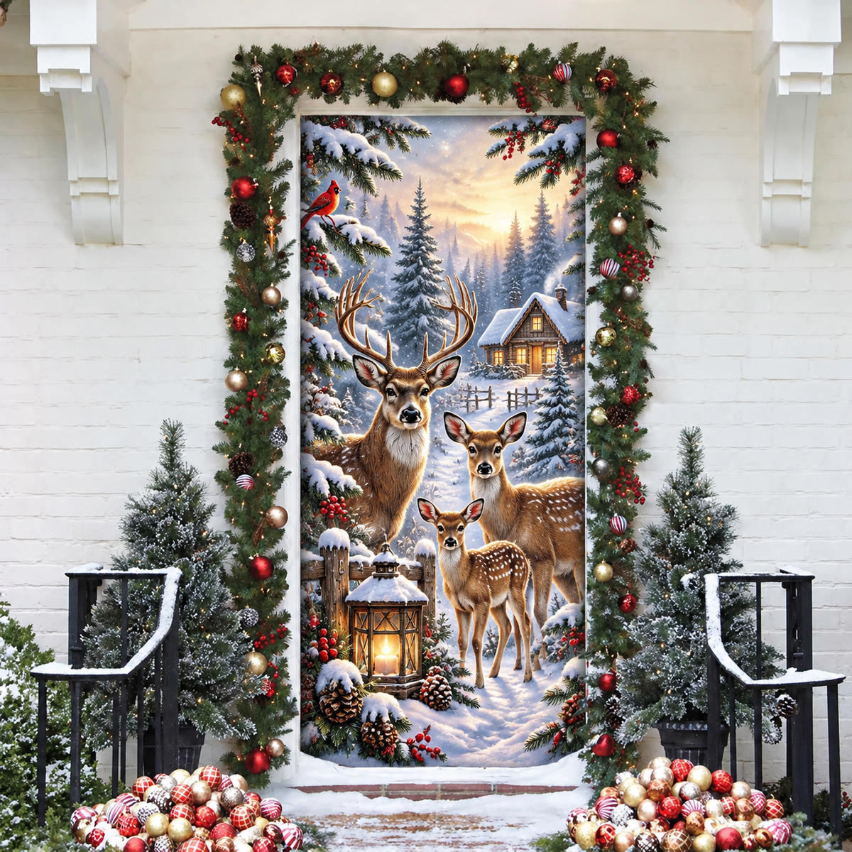 Christmas Winter Deer Forest LN Door Cover, Rustic Woodland Snow Scene Fabric Holiday Entryway Decor
