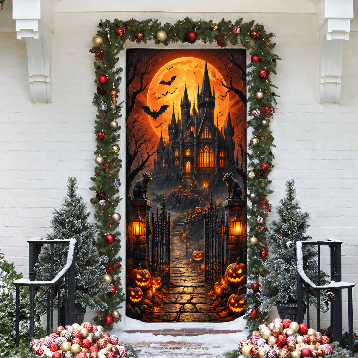 Halloween Gothic Castle LN Door Cover, Dark Medieval Haunted Fortress Fabric Spooky Entrance Decoration