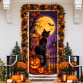 Halloween Black Cat Moon LN Door Cover, Mystical Night Sky Fabric Spooky Holiday Entrance Decoration