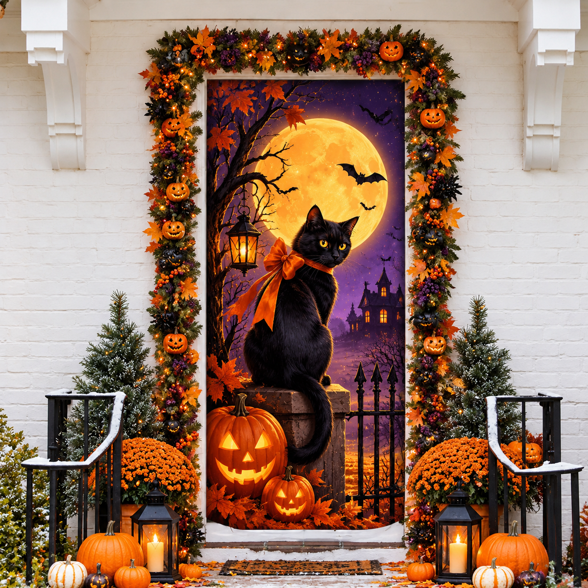 Halloween Black Cat Moon LN Door Cover, Mystical Night Sky Fabric Spooky Holiday Entrance Decoration