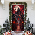 Halloween Vampire Castle LN Door Cover, Gothic Dracula Haunted Mansion Fabric Spooky Entrance Decoration