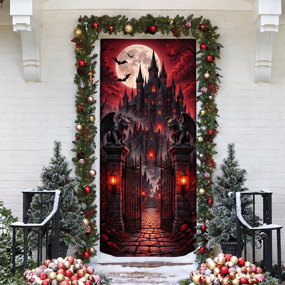 Halloween Vampire Castle LN Door Cover, Gothic Dracula Haunted Mansion Fabric Spooky Entrance Decoration
