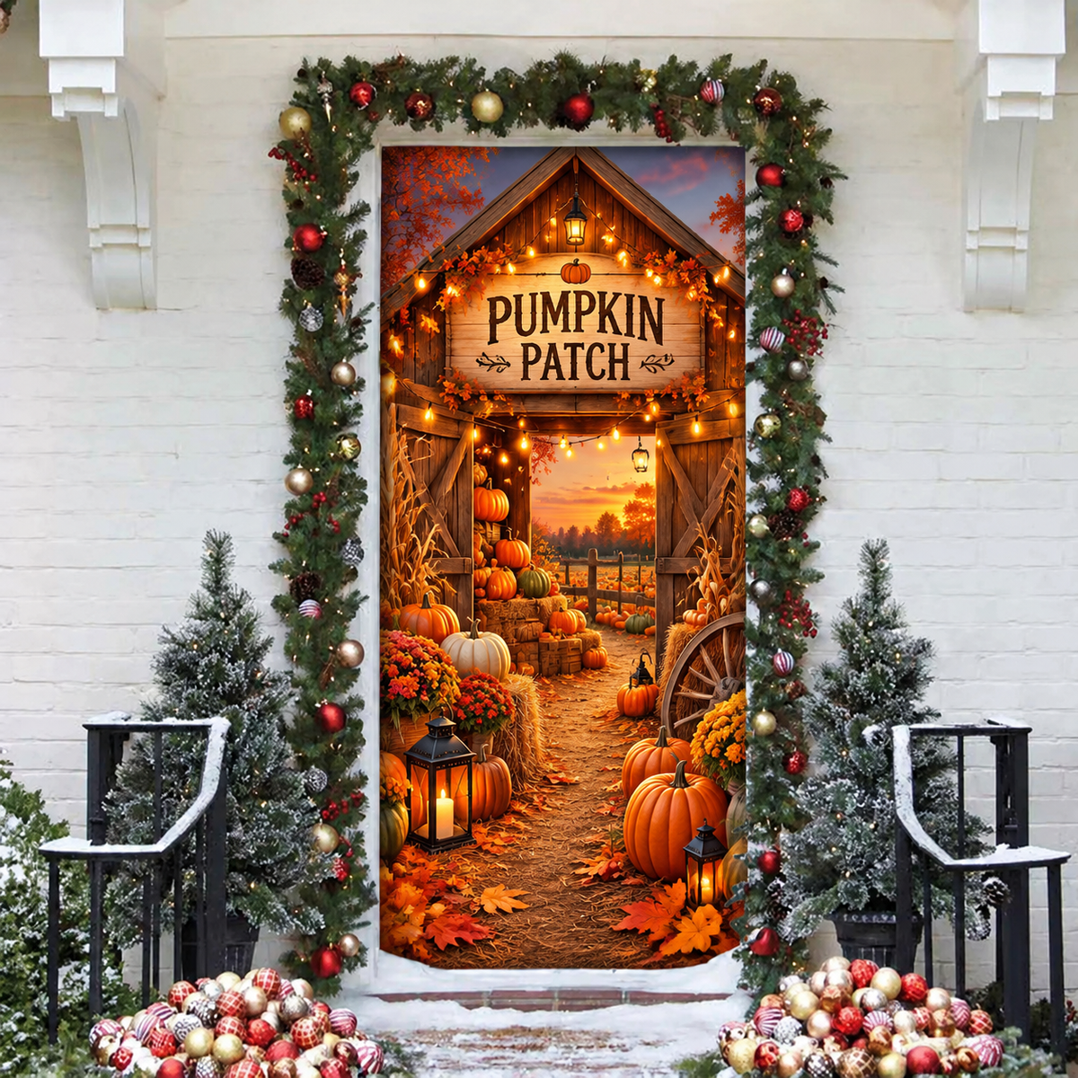 Halloween Pumpkin Patch LN Door Cover, Rustic Autumn Harvest Farm Fabric Spooky Entrance Decoration