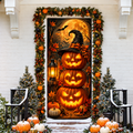 Halloween Jack O Lantern LN Door Cover, Glowing Carved Pumpkin Face Fabric Spooky Entrance Decoration