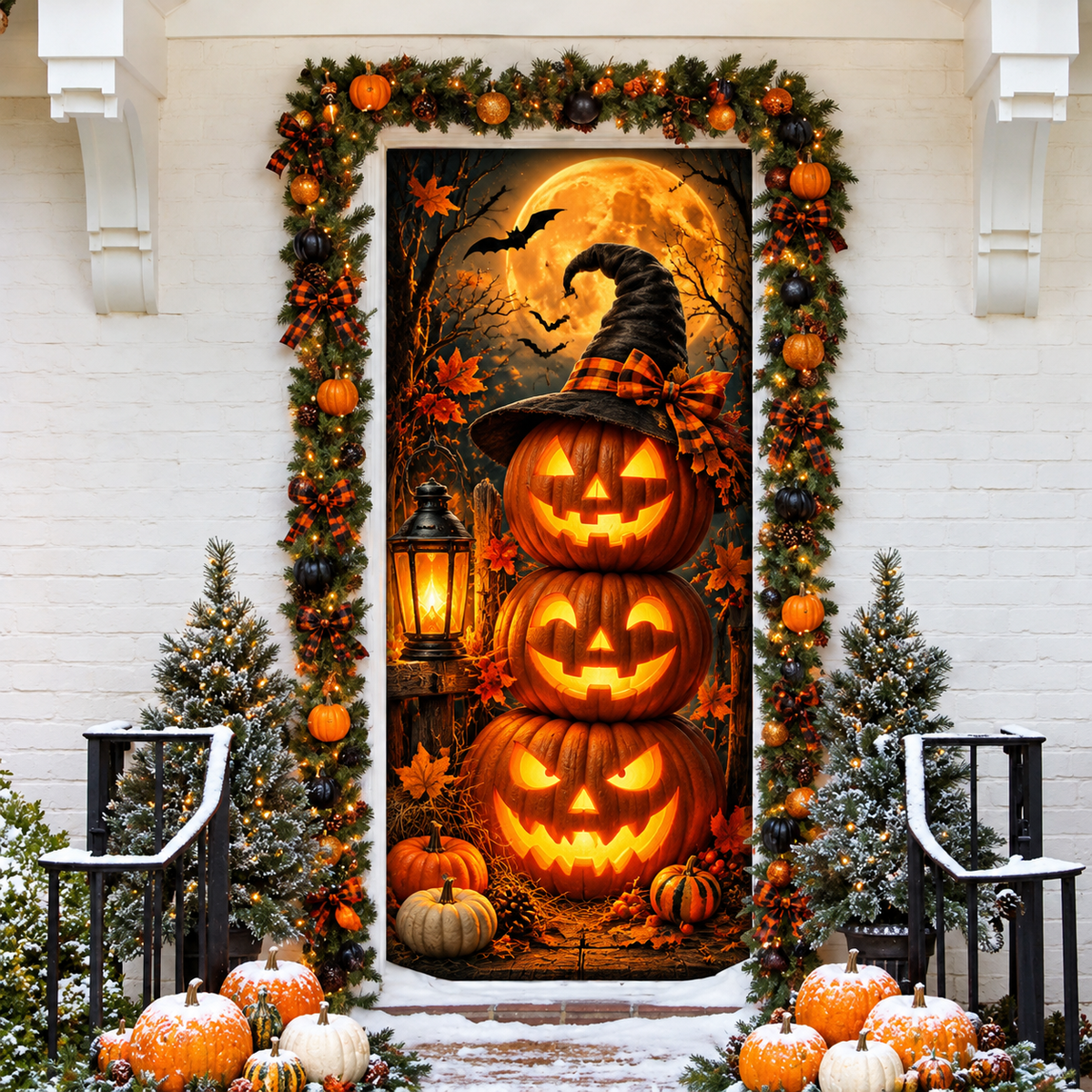 Halloween Jack O Lantern LN Door Cover, Glowing Carved Pumpkin Face Fabric Spooky Entrance Decoration