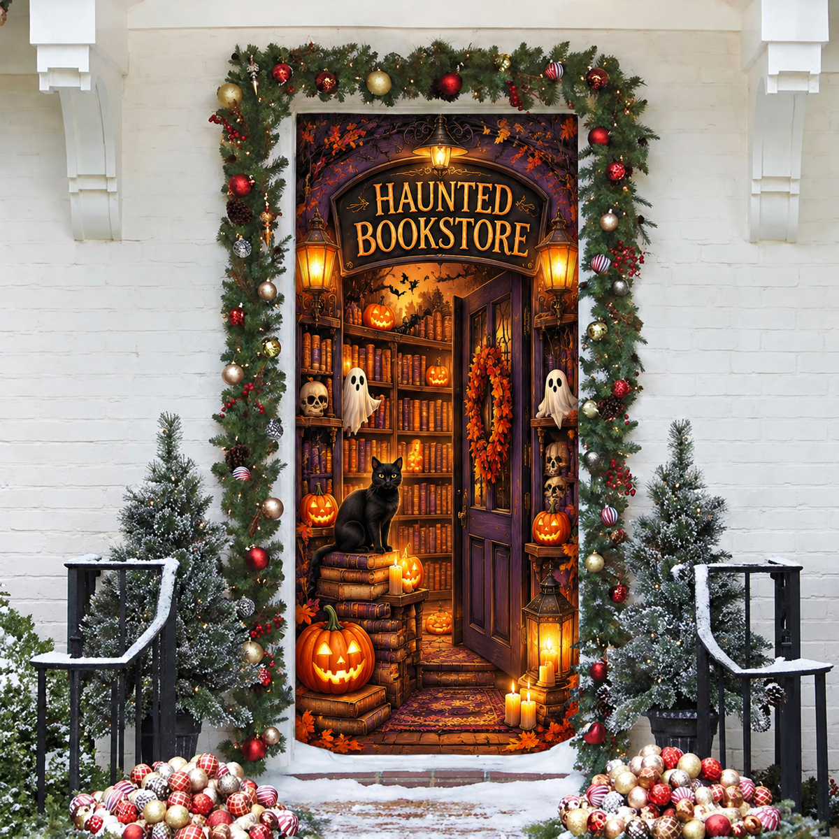 Halloween Haunted Bookstore Holiday LN Door Cover, Spooky Gothic Entryway Decoration