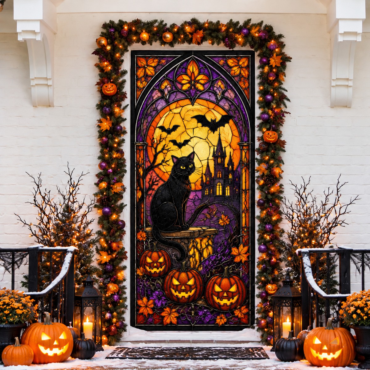 Halloween Gothic Stained Glass Holiday LN Door Cover, Vintage Window Style Entryway Cover