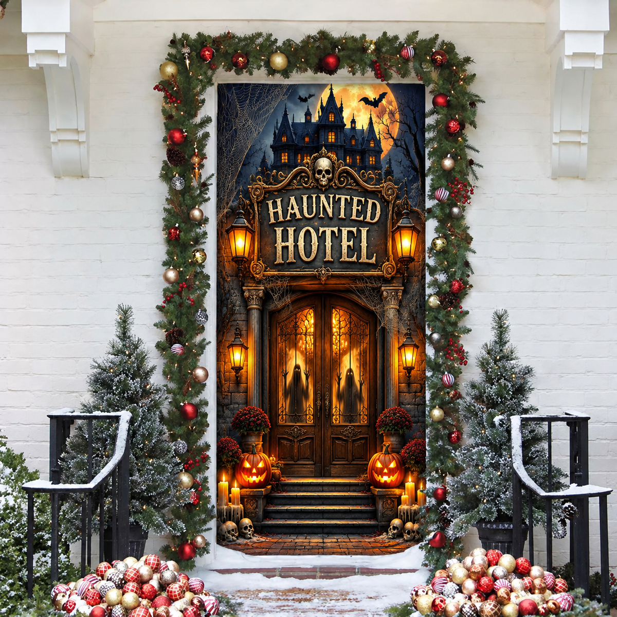Halloween Haunted Hotel Holiday LN Door Cover, Spooky Vintage Mansion Entryway Cover