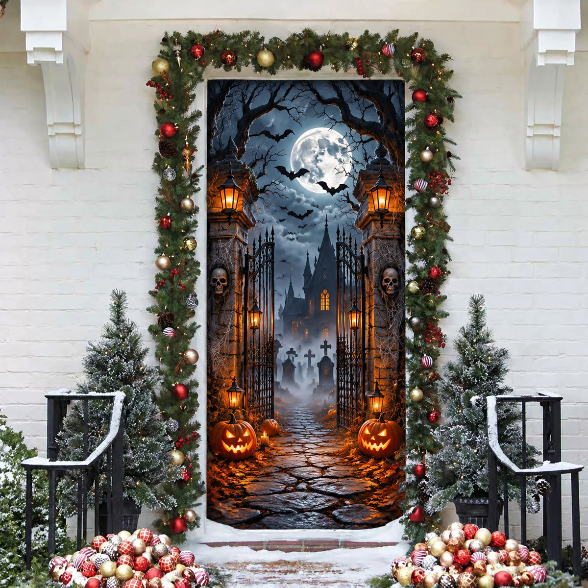 Halloween Graveyard Gate Holiday LN Door Cover, Creepy Cemetery Entryway Decoration