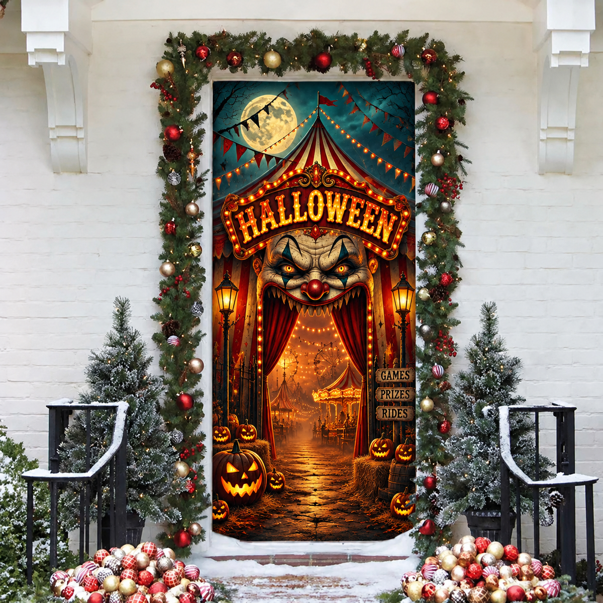Halloween Haunted Carnival Holiday LN Door Cover, Spooky Midway Entryway Decoration