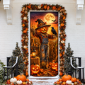 Halloween Scarecrow Cornfield Holiday LN Door Cover, Rustic Harvest Horror Entryway Cover