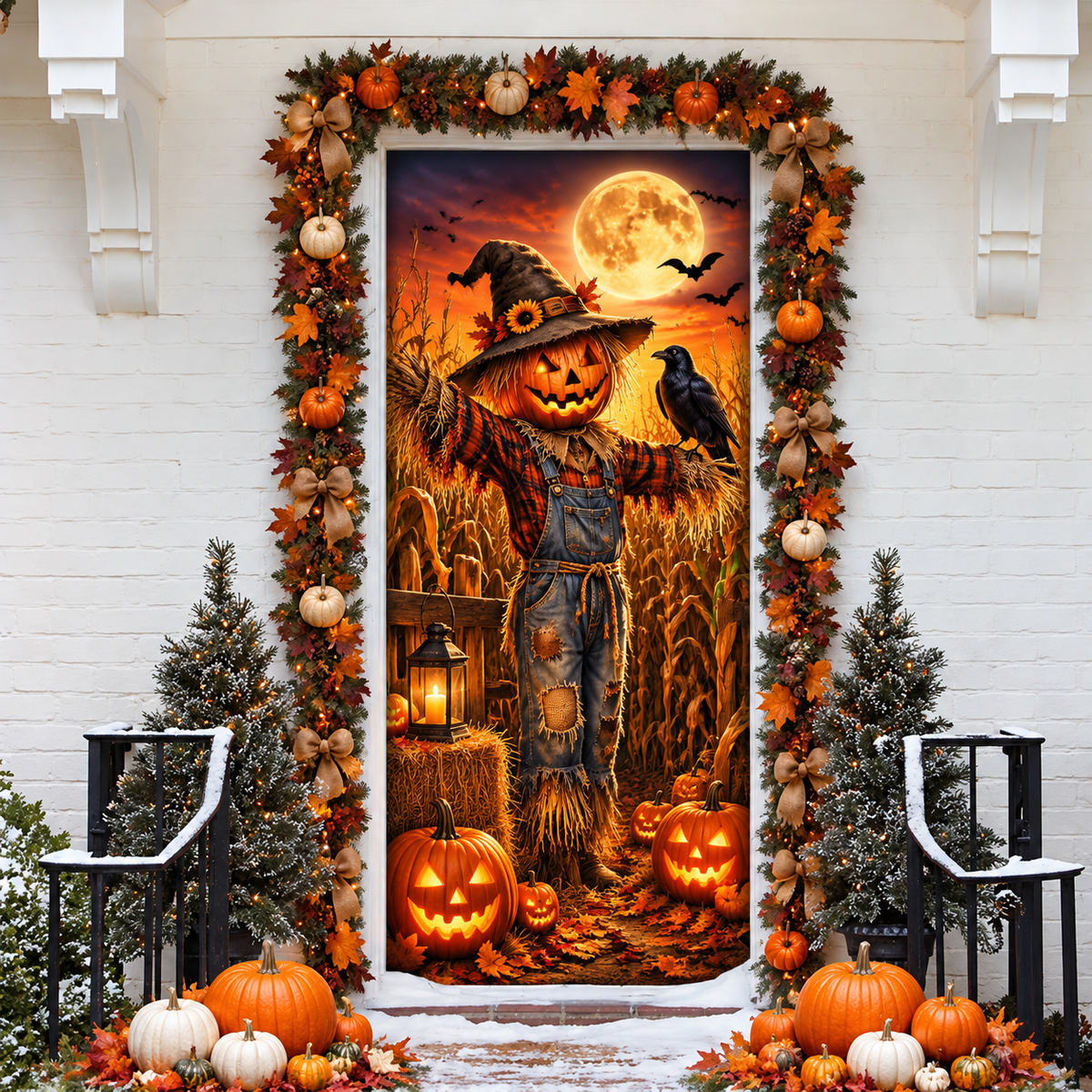 Halloween Scarecrow Cornfield Holiday LN Door Cover, Rustic Harvest Horror Entryway Cover