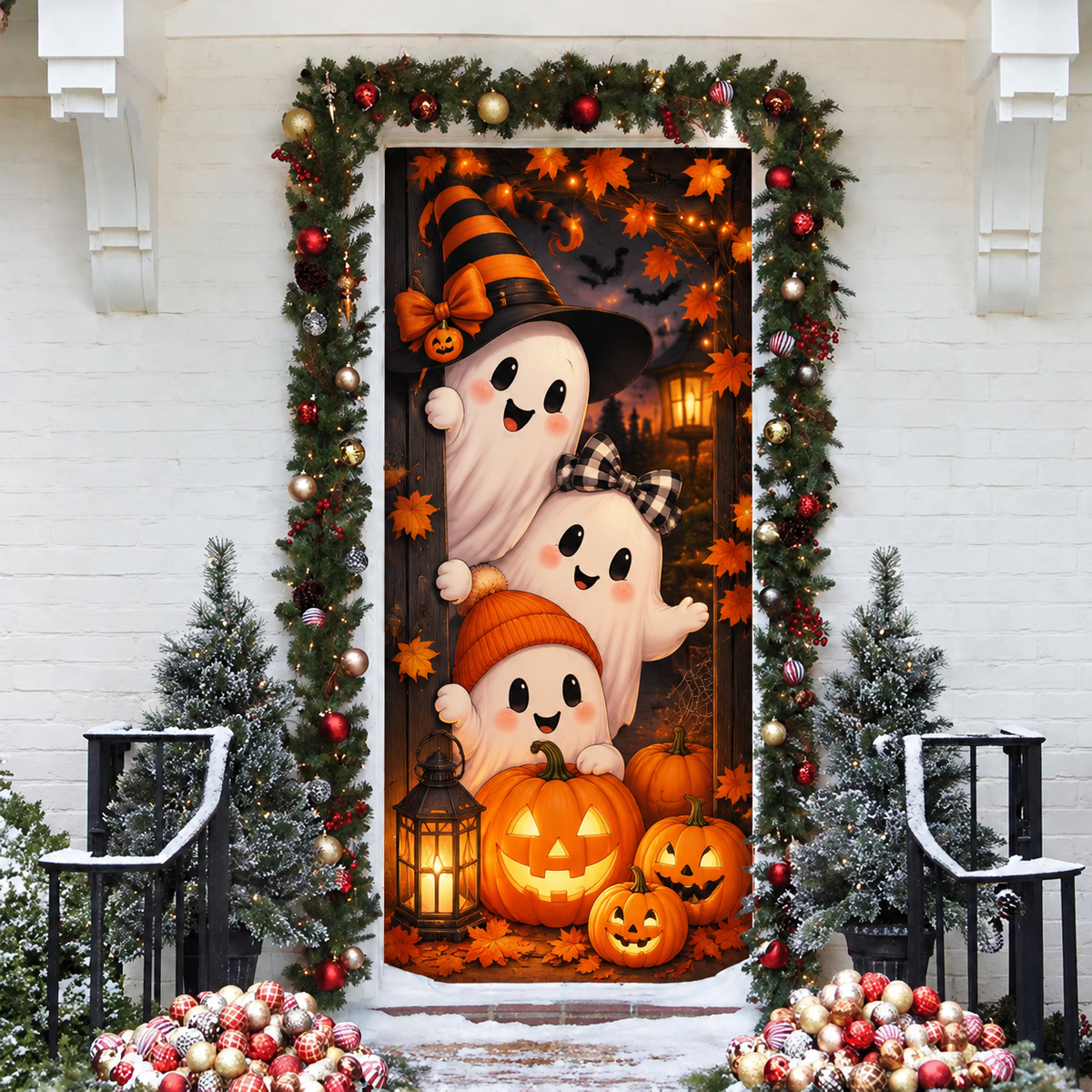 Halloween Ghost Pumpkin Holiday LN Door Cover, Cute Spooky Autumn Entryway Cover