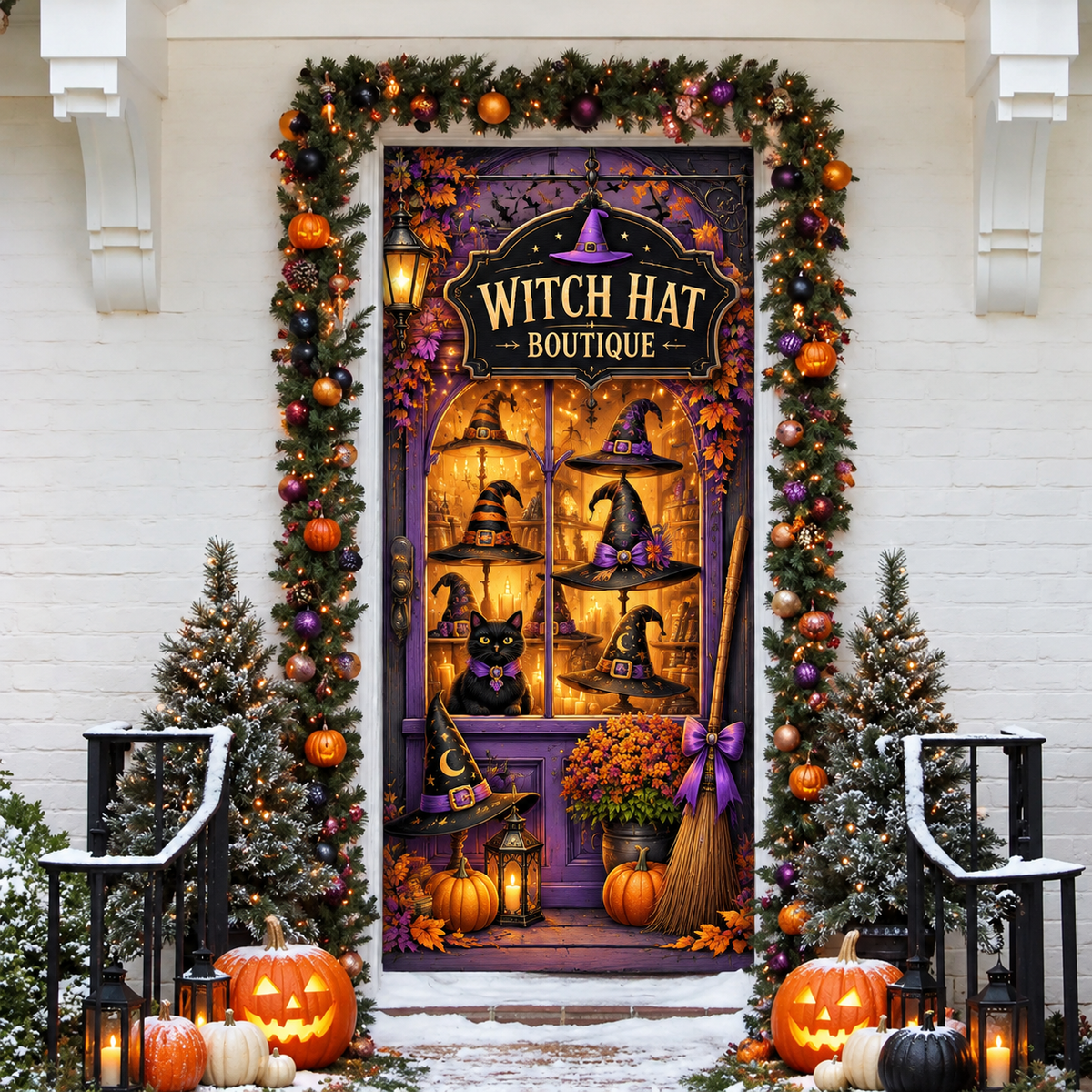 Halloween Witch Hat Boutique Holiday LN Door Cover, Magical Gothic Shop Entryway Cover