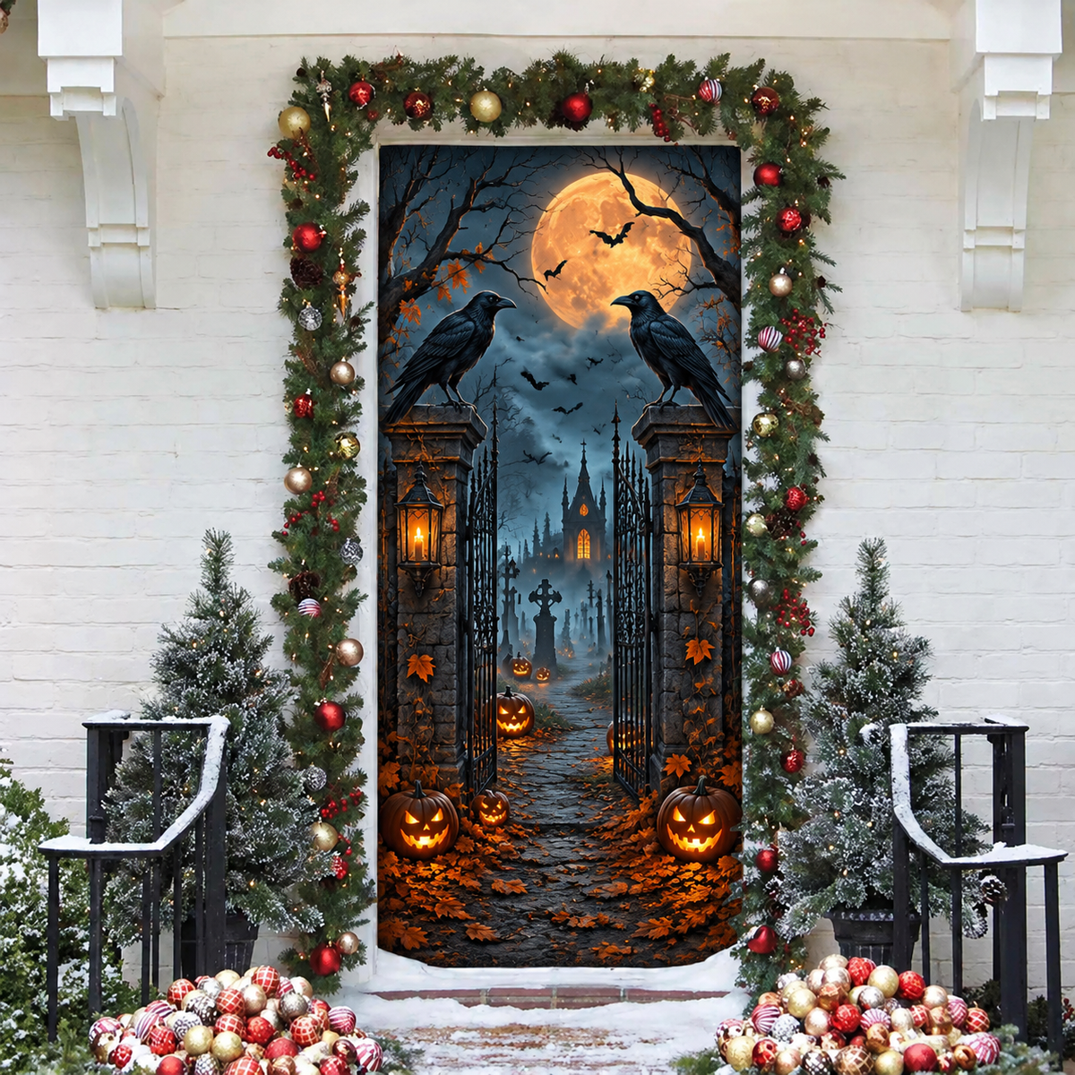 Halloween Raven Cemetery Holiday LN Door Cover, Dark Gothic Graveyard Entryway Cover