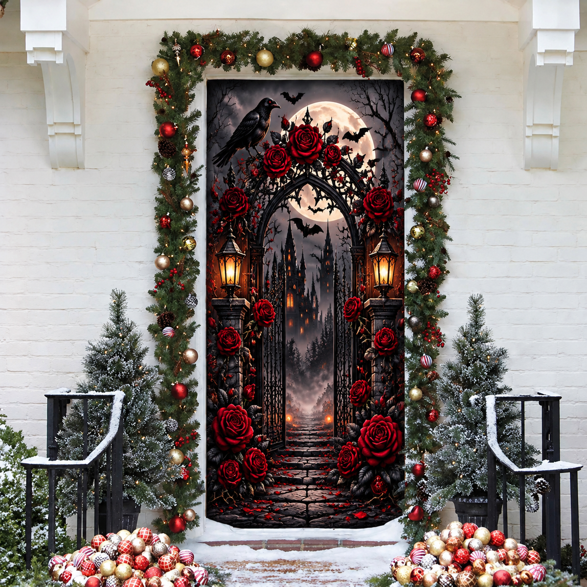 Halloween Gothic Rose Holiday LN Door Cover, Dark Floral Victorian Entryway Decoration