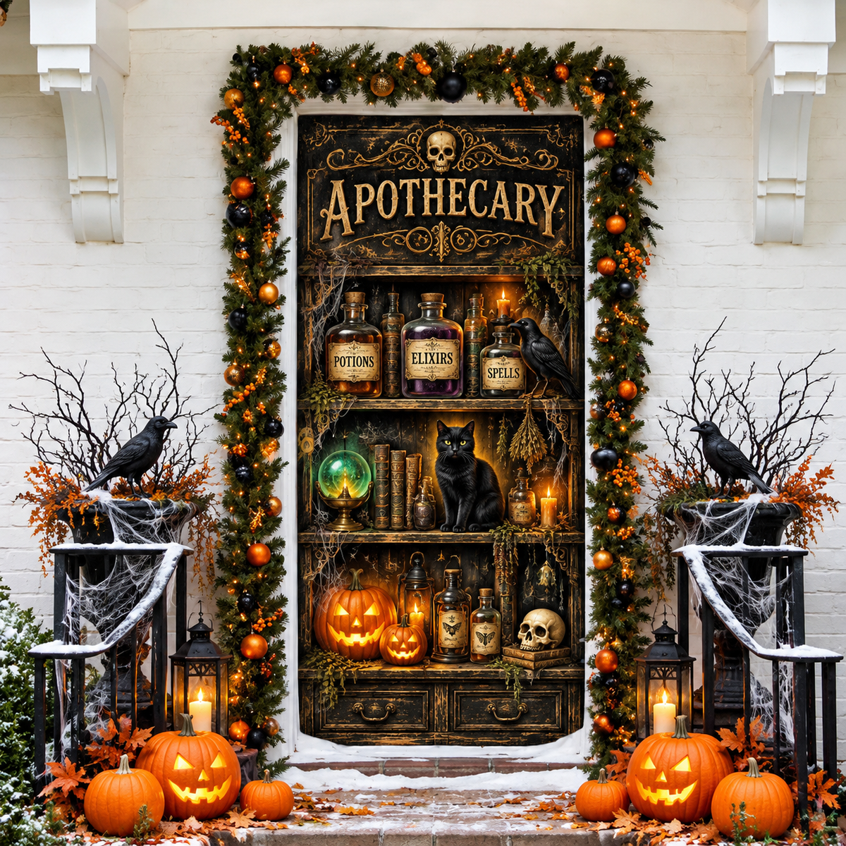 Halloween Vintage Apothecary Holiday LN Door Cover, Mystical Pharmacy Entryway Cover