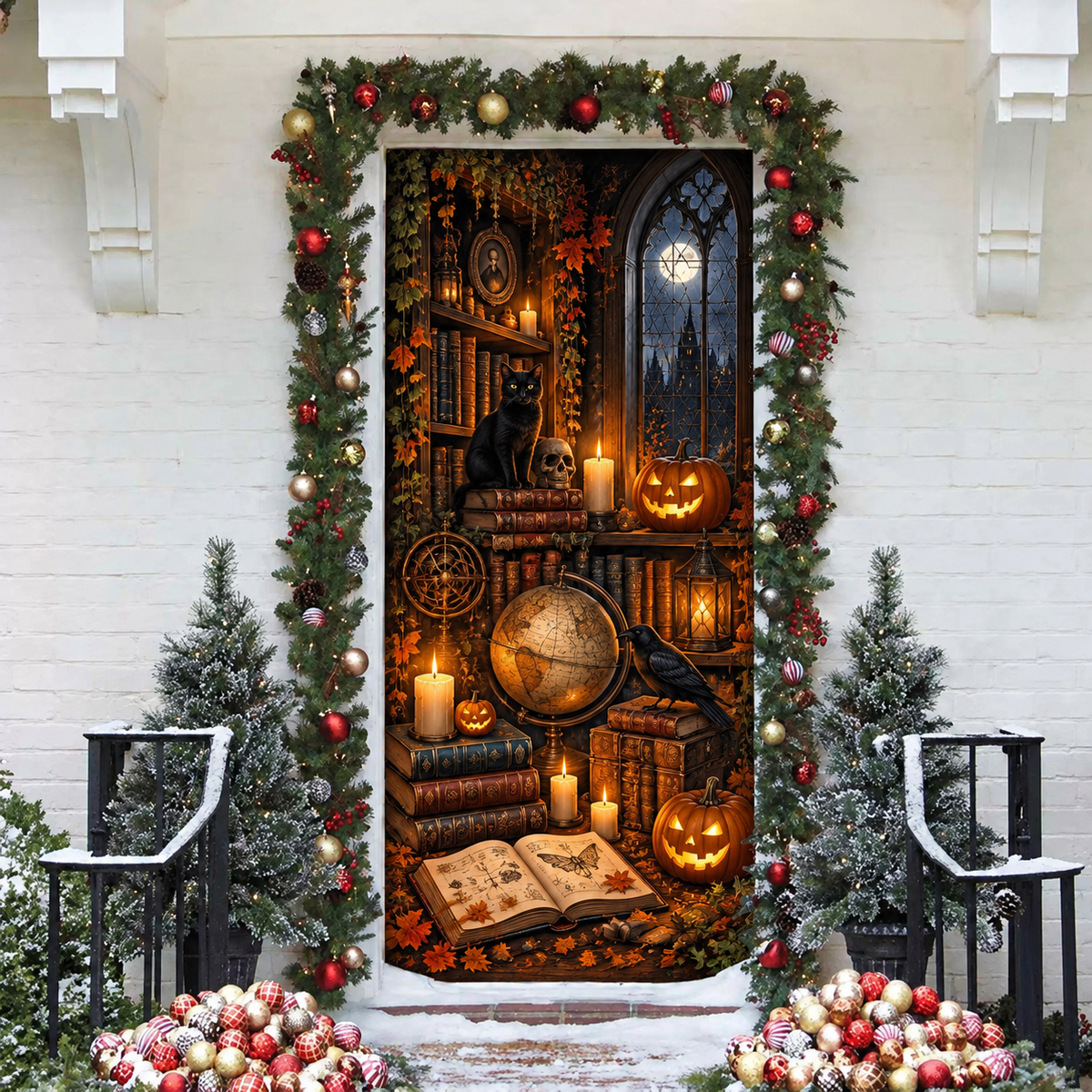 Halloween Dark Academia Holiday LN Door Cover, Moody Gothic Library Entryway Cover