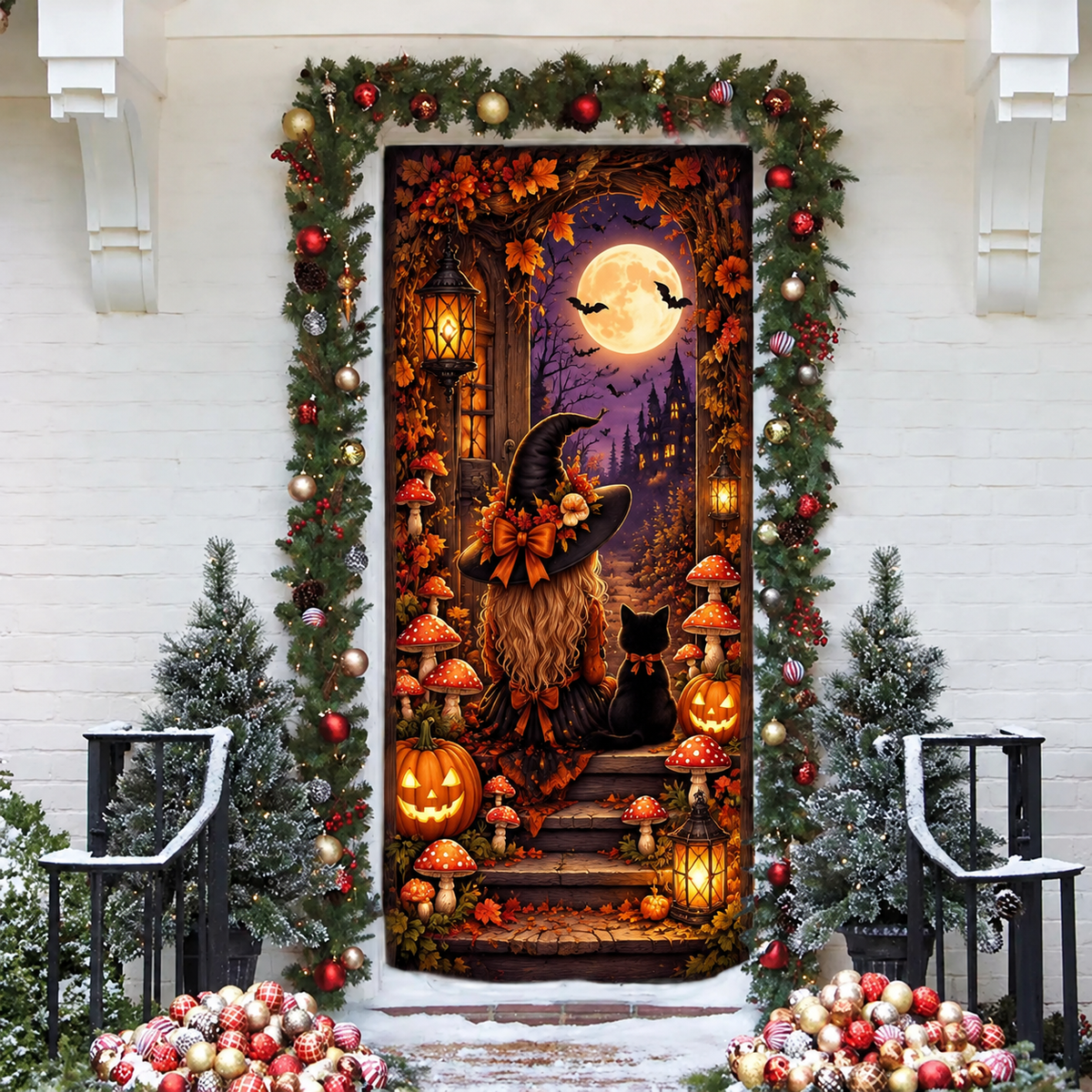 Halloween Mushroom Witch Holiday LN Door Cover, Enchanted Forest Cottage Entryway Cover