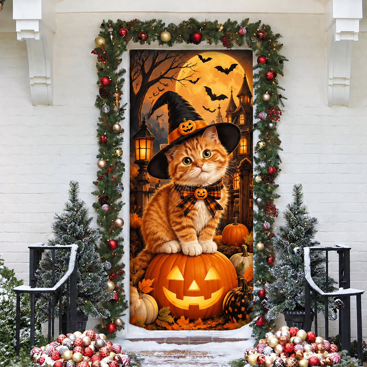 Halloween Orange Tabby Cat LN Door Cover, Holiday Decor