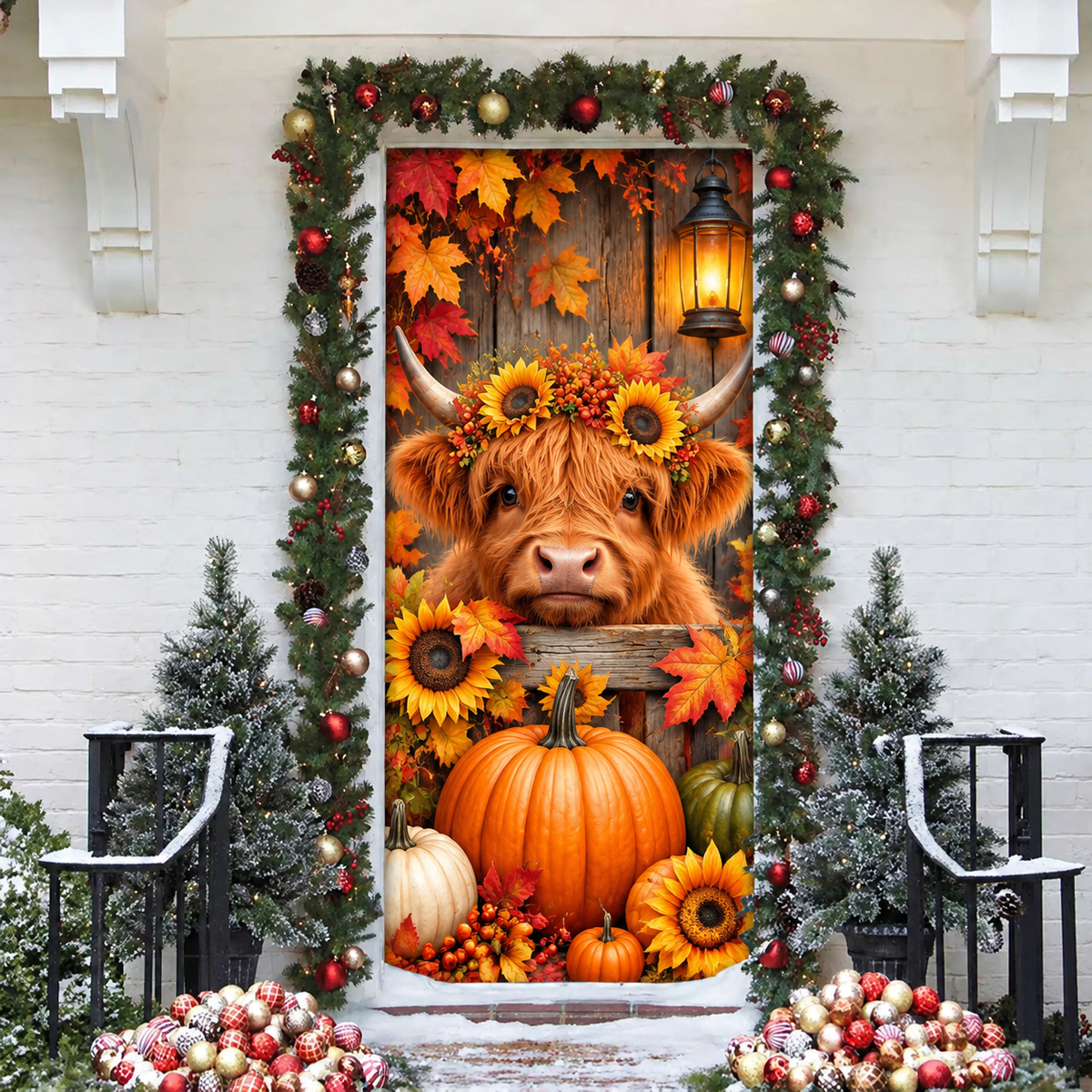 Fall Highland Cow Pumpkin LN Door Cover, Holiday Decor