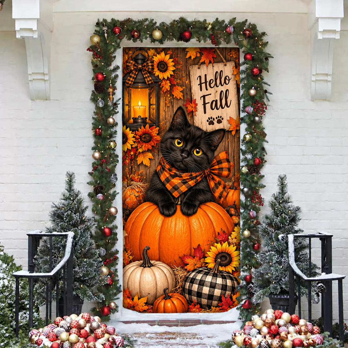 Fall Black Cat Pumpkin LN Door Cover, Holiday Decor