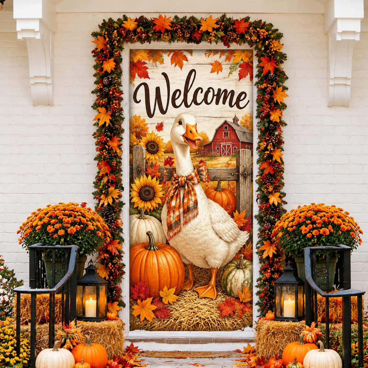 Fall Farm Goose Pumpkin LN Door Cover, Rustic Holiday Decor