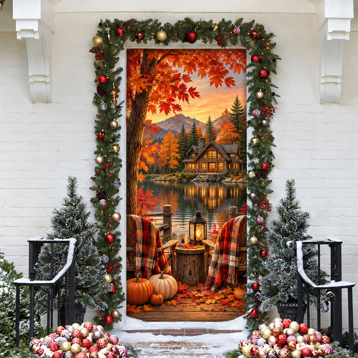 Fall Cozy Cabin LN Door Cover, Rustic Holiday Decor