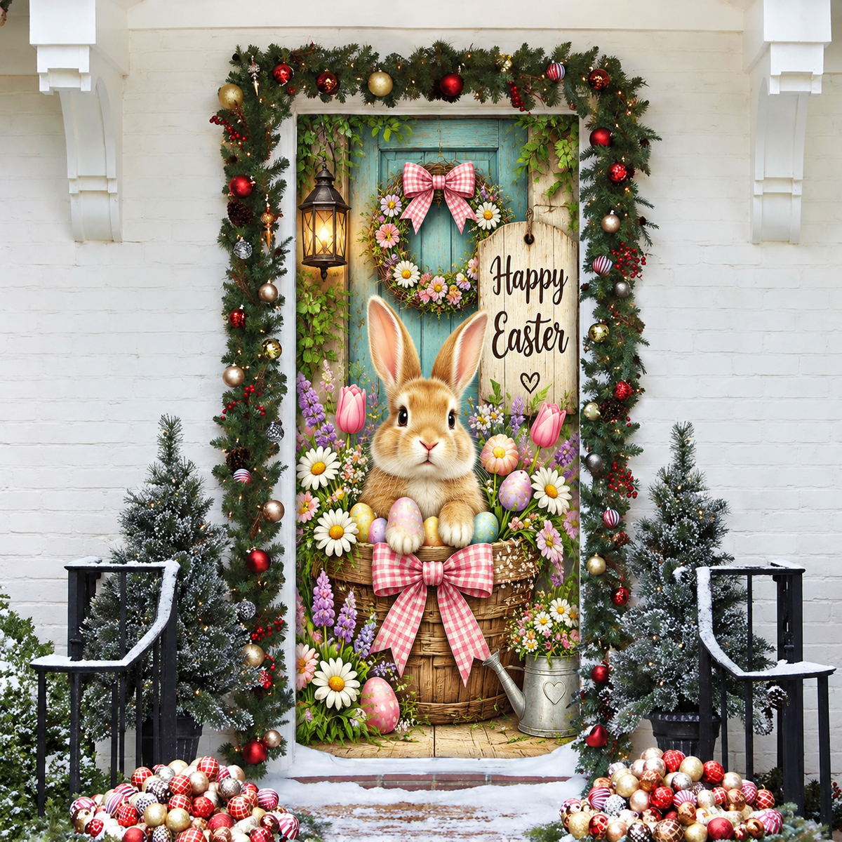 Easter Bunny Flower Garden Holiday LN Door Cover, Spring Floral Entrance Decor