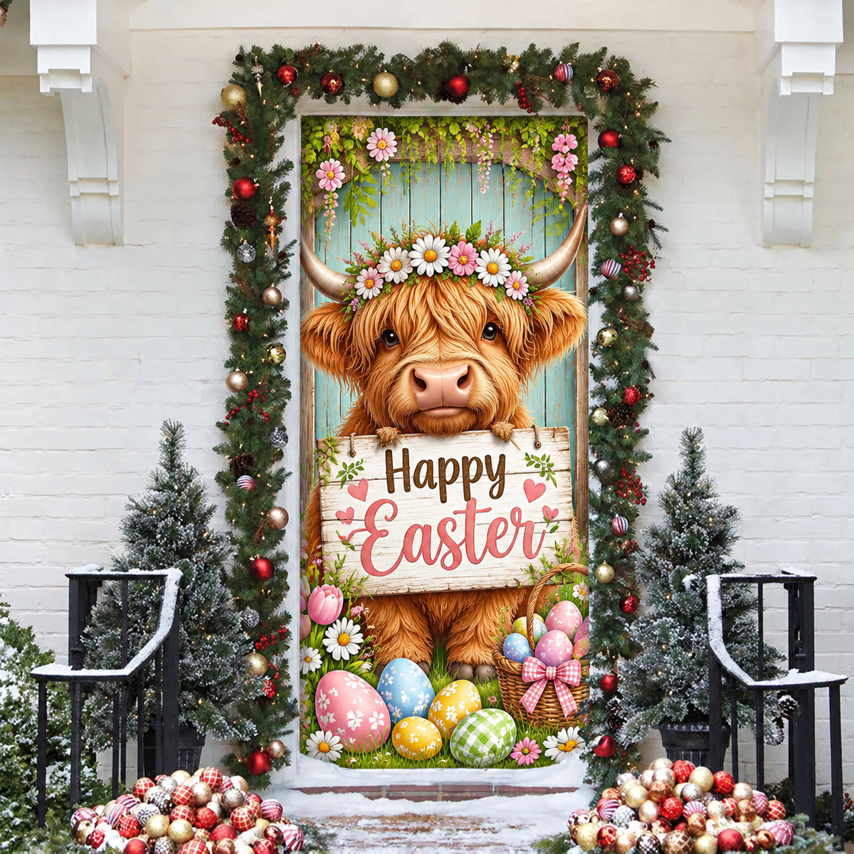 Easter Highland Cow Holiday LN Door Cover, Cute Rustic Spring Farmhouse Decor