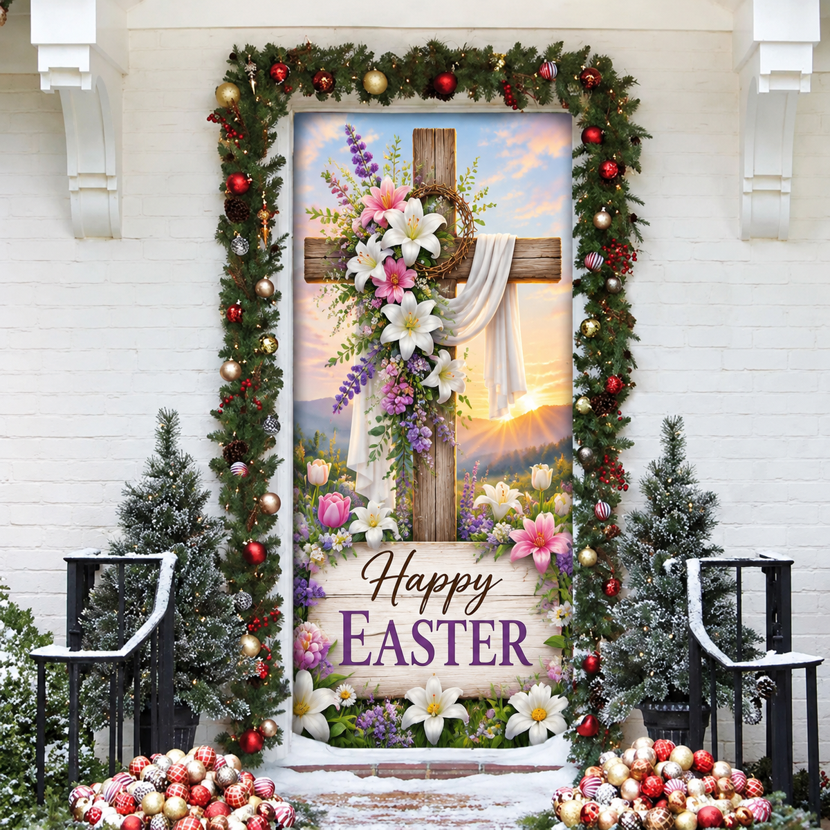 Easter Floral Cross LN Door Cover, Holiday Decor