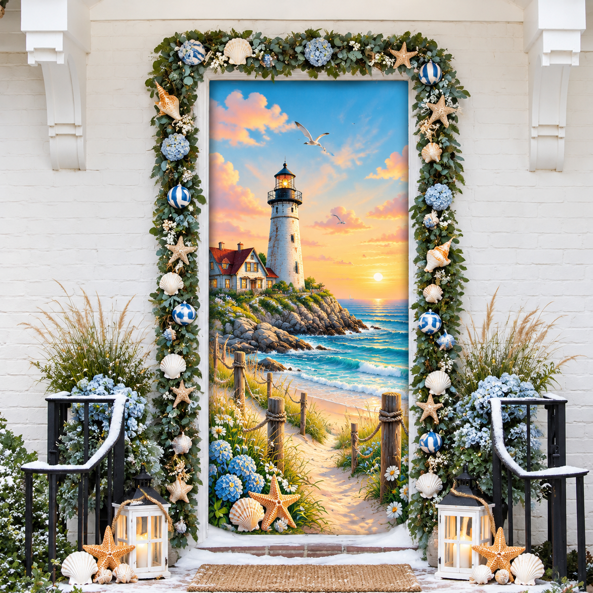 Summer Coastal Lighthouse LN Door Cover, Holiday Decor