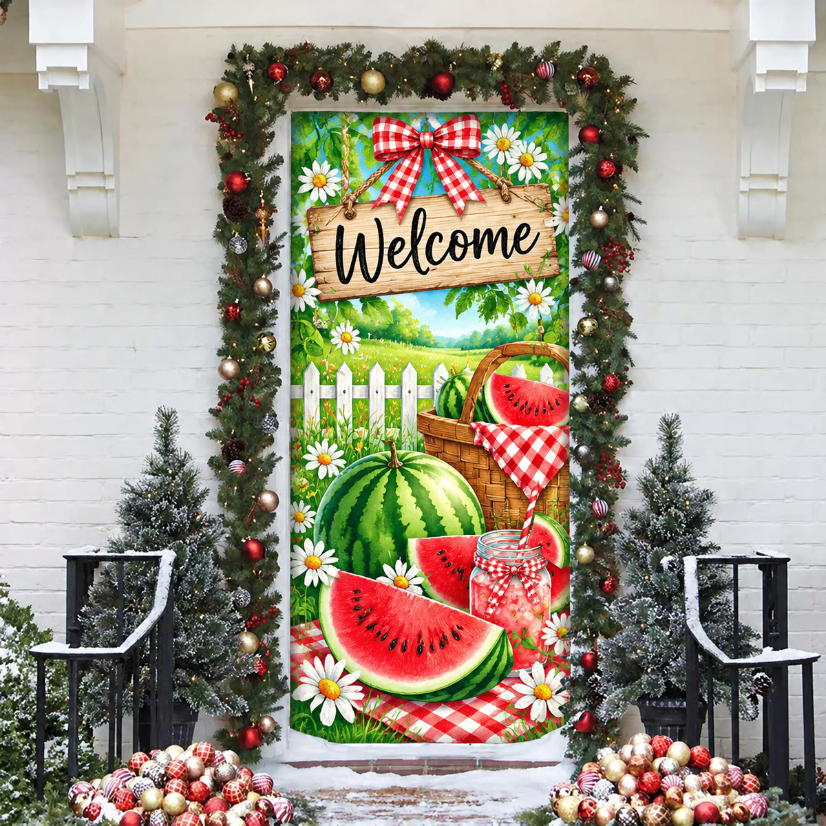 Summer Watermelon Picnic LN Door Cover, Polyester Holiday Decor For Front Entry, Sweet Fruit Farmhouse Theme