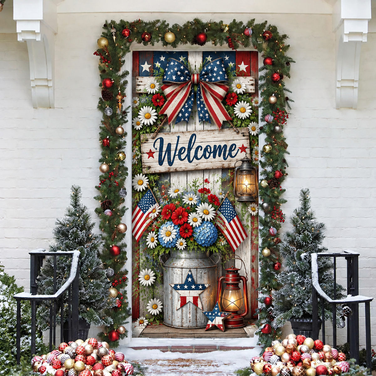Summer Patriotic Farmhouse LN Door Cover, Polyester Holiday Decor For Front Entry, Rustic Americana Seasonal