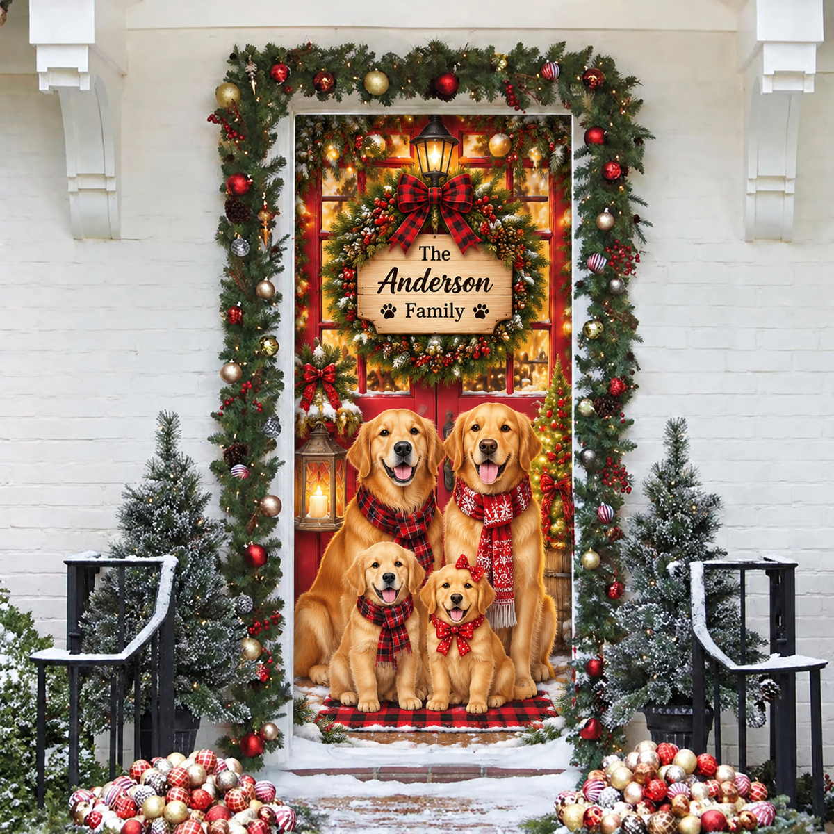 Personalized Golden Retriever Family LN Door Cover, Polyester Holiday Decor For Front Entry, Custom Name Dog Lover Gift