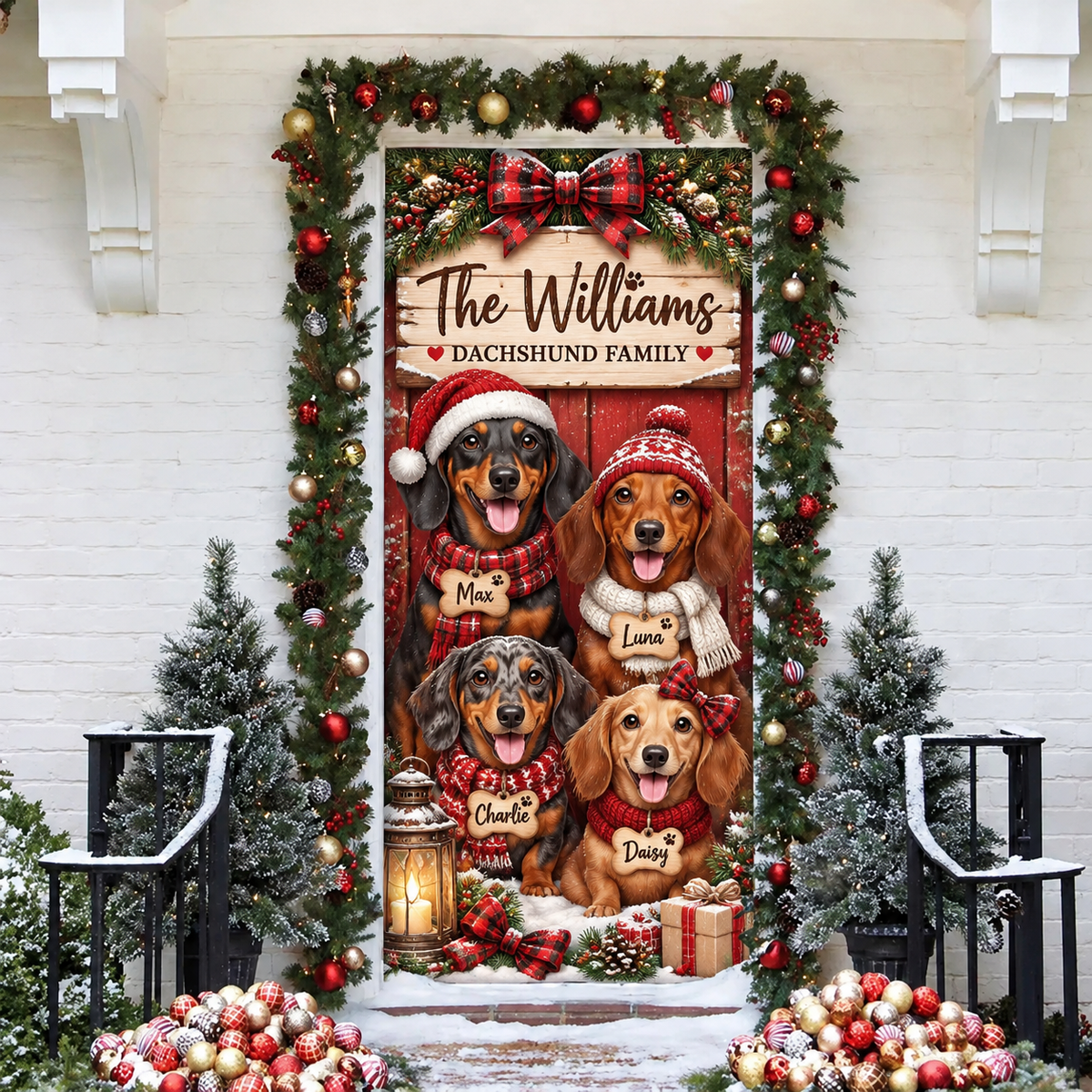 Personalized Dachshund Family LN Door Cover, Polyester Holiday Decor For Front Entrance, Custom Name Dog Lover Gift