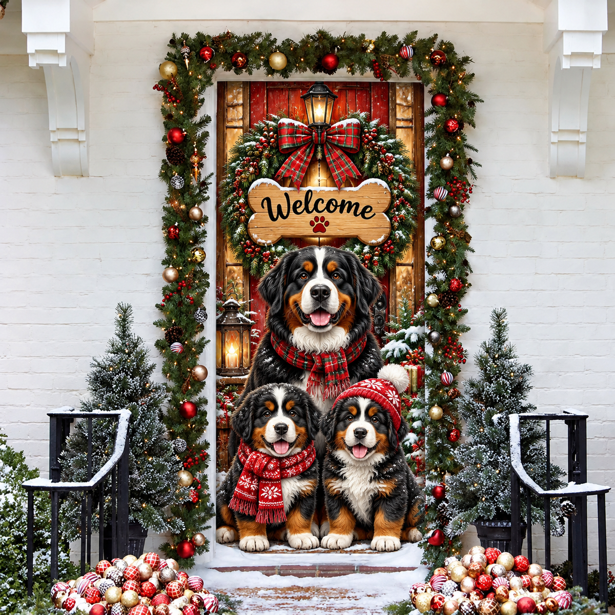 Bernese Mountain Dog LN Door Cover, Personalized Polyester Holiday Decor For Front Entry, Custom Name Pet Lover Gift