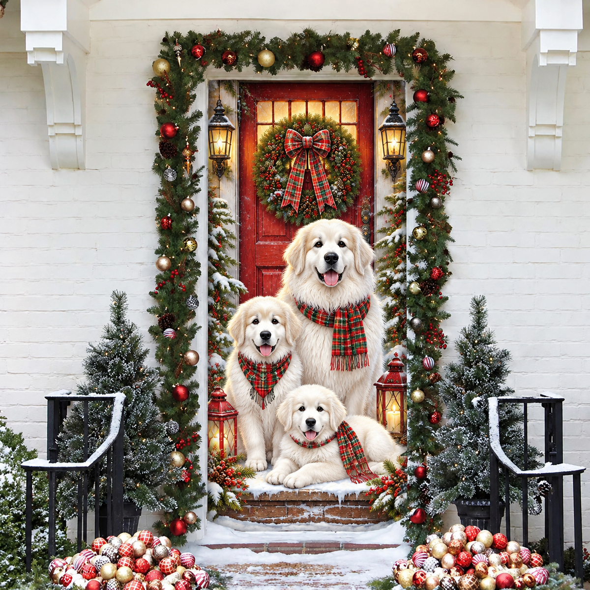 Personalized Great Pyrenees LN Door Cover, Polyester Holiday Decor For Front Entrance, Custom Name Dog Lover Gift