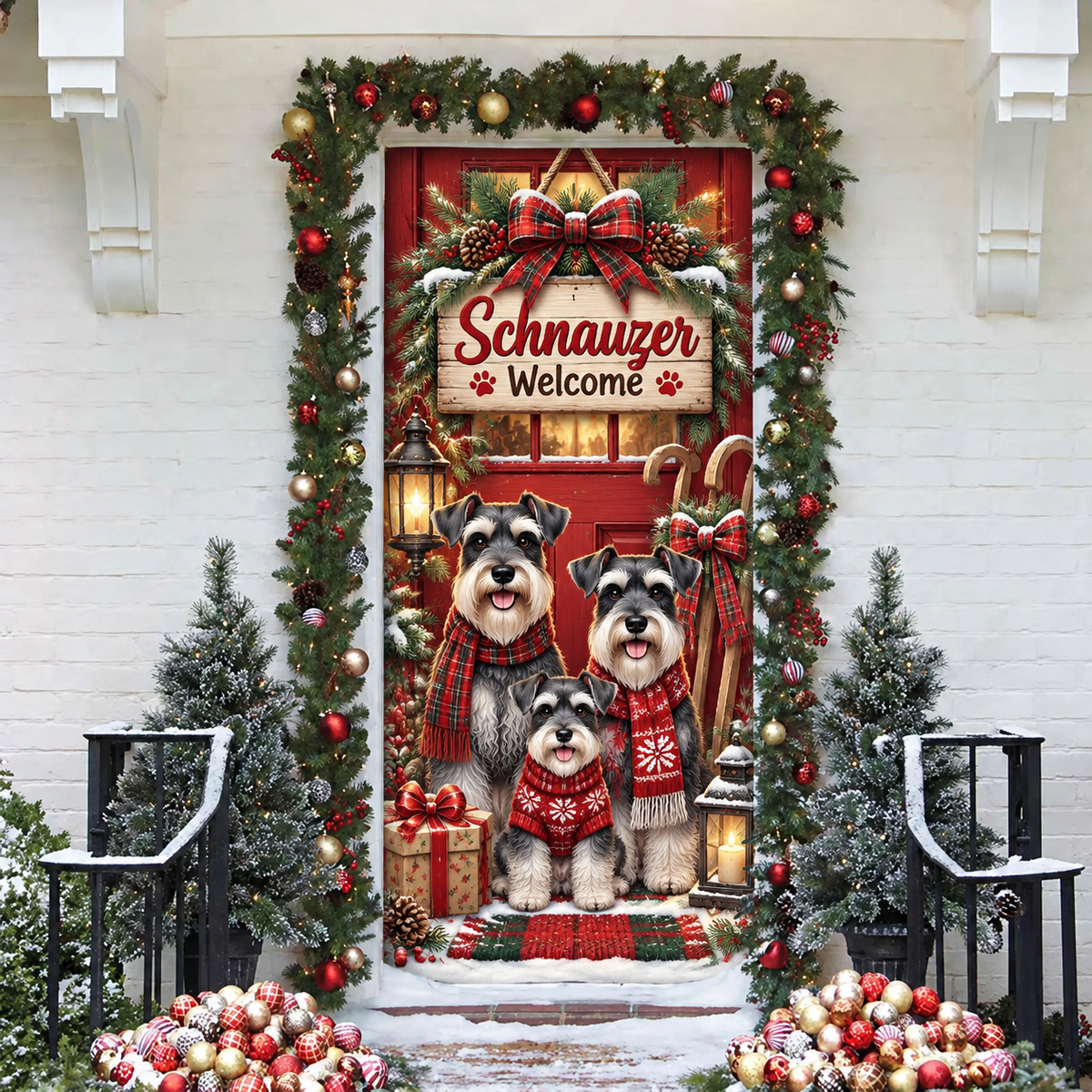 Miniature Schnauzer LN Door Cover, Personalized Polyester Holiday Decor For Front Entry, Custom Name Dog Lover Gift