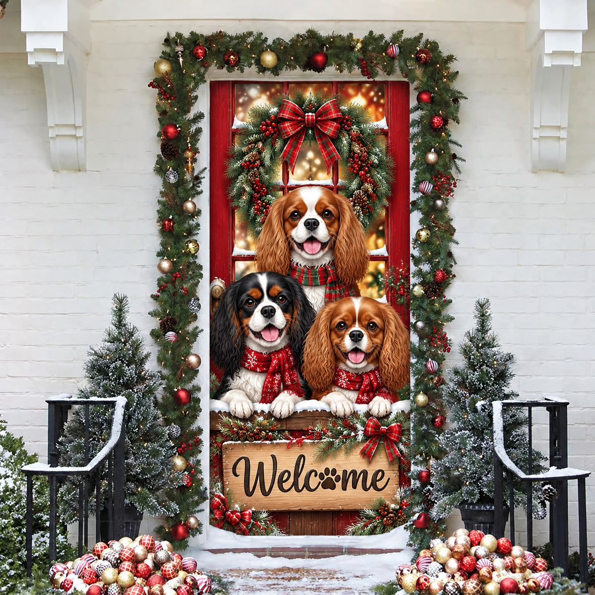 Personalized Cavalier Spaniel LN Door Cover, Polyester Holiday Decor For Front Entrance, Custom Name Pet Lover Gift