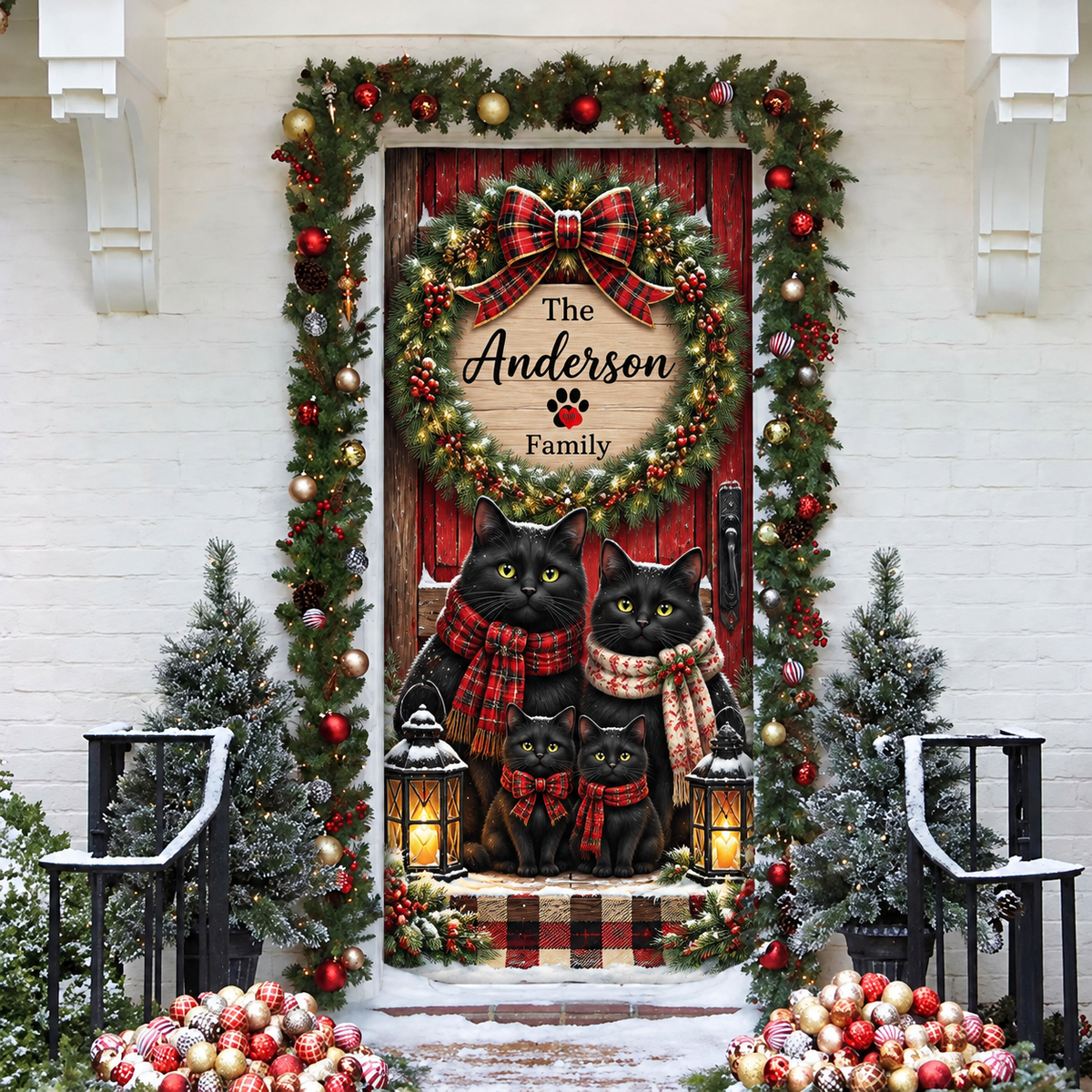 Personalized Black Cat Family LN Door Cover, Polyester Holiday Decor For Front Entry, Custom Name Feline Lover Gift