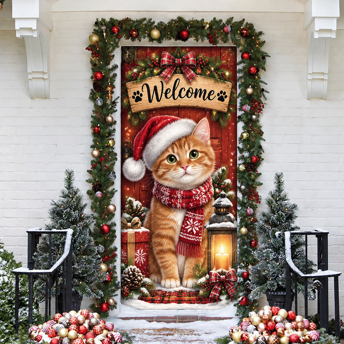 Personalized Orange Tabby Cat LN Door Cover, Polyester Holiday Decor For Front Entrance, Custom Name Pet Lover Gift