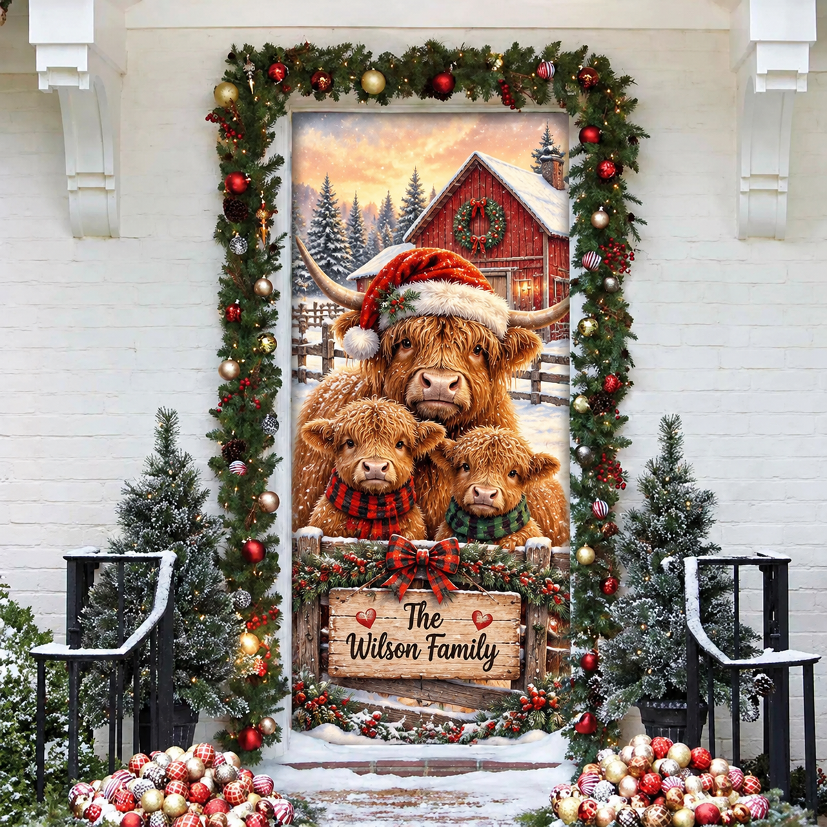 Highland Cow Farm LN Door Cover, Personalized Polyester Holiday Decor For Front Entry, Custom Name Rustic